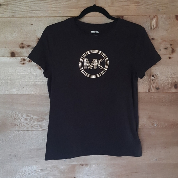 Michael Kors Gold Studded Logo Black Tee Medium - Picture 1 of 3
